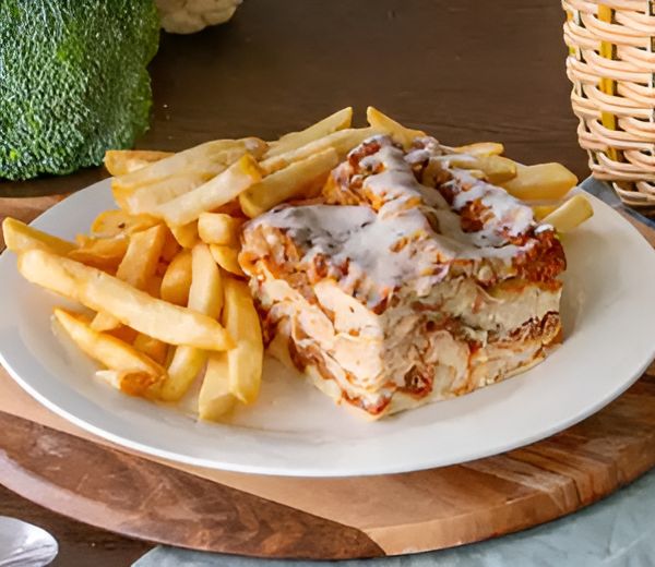 Beef Lasagne with Chips, Veg